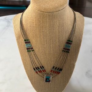 Sterling Nat Amer Zuni Liq Silver 5 Strand 18" Multistone pendant inlay Necklace